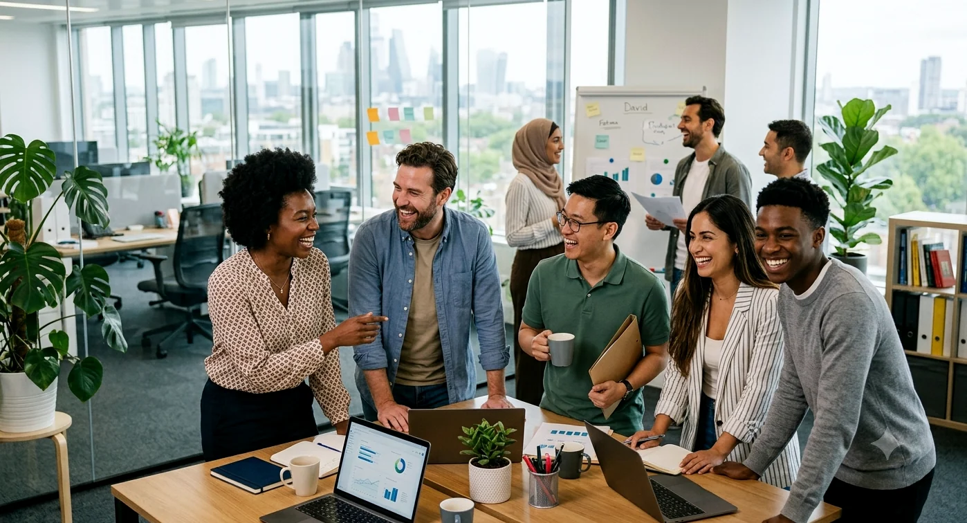 A diverse team collaborating and smiling together in a bright office